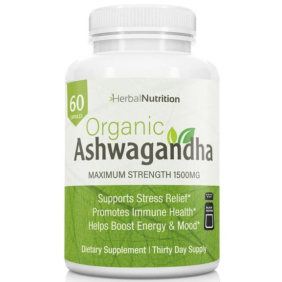 Ashwagandha Organic 1300mg Extra Strength One Bottle 60 Capsules