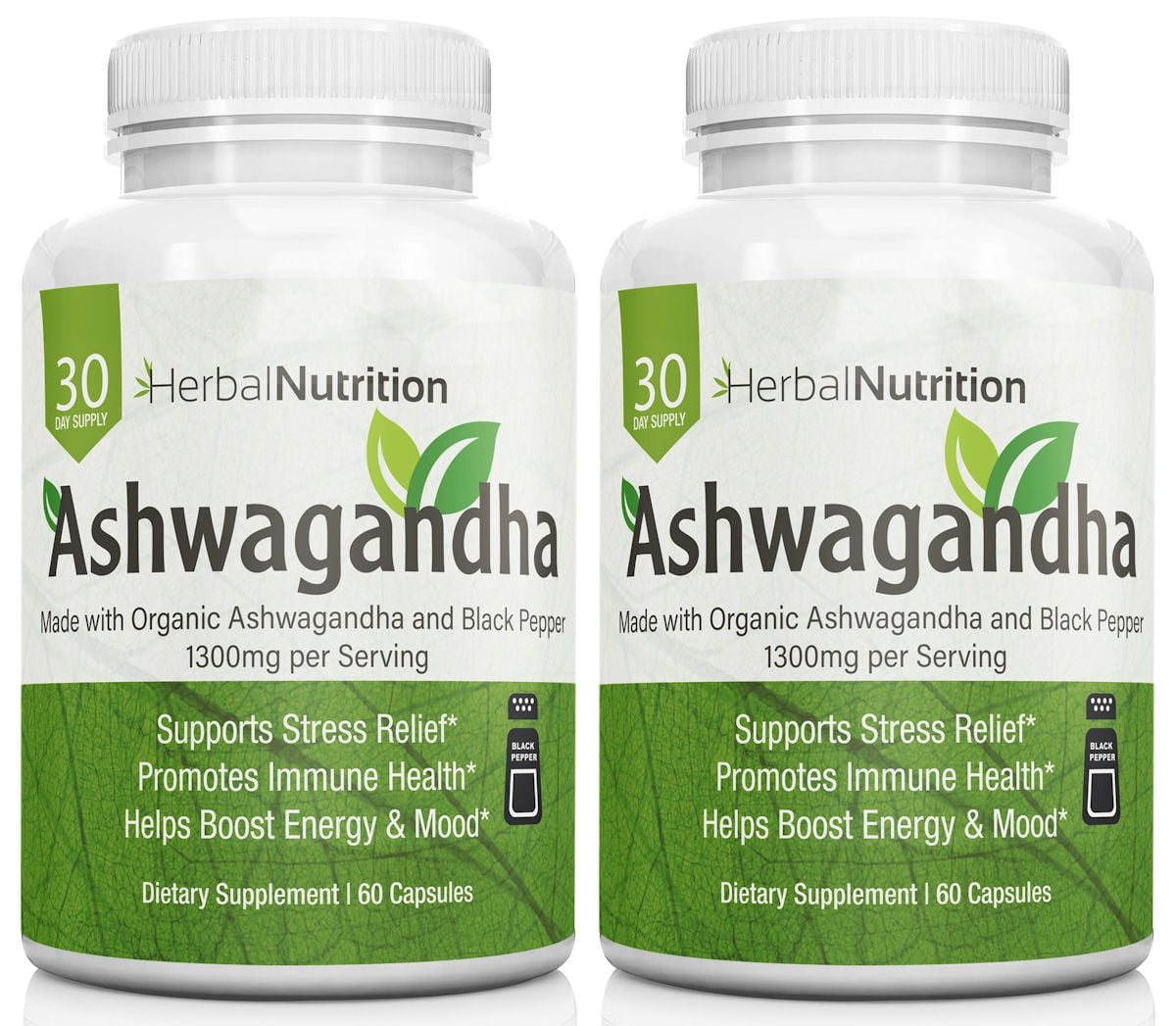 Ashwagandha Organic 1300mg Extra Strength Two Bottle Pack 120 Capsules Free Bottle