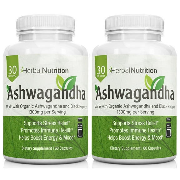 Ashwagandha Organic 1300mg Extra Strength  Two Bottle Pack 120 Capsules Free Bottle