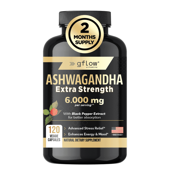 Gflow Vitamins Ashwagandha Supplements - ashwagandha Powder Capsules Extra Strength 6000mg with Black Pepper | Mood Support, Focus, Energy Support | Vegan Friendly, Non-GMO, USA Made