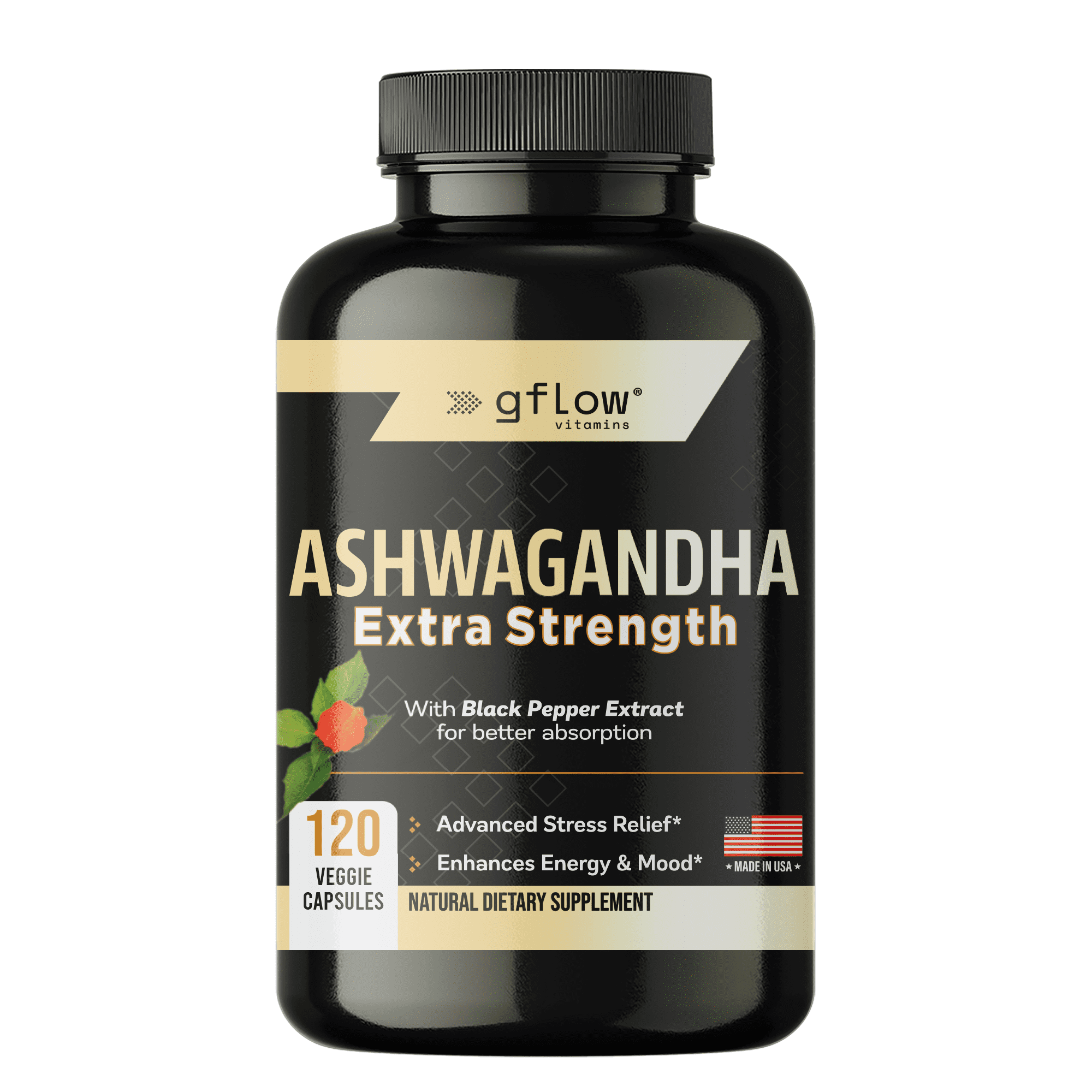 Gflow Vitamins Ashwagandha Supplements - ashwagandha Powder Capsules Extra Strength 6000mg with Black Pepper | Mood Support, Focus, Energy Support | Vegan Friendly, Non-GMO, USA Made