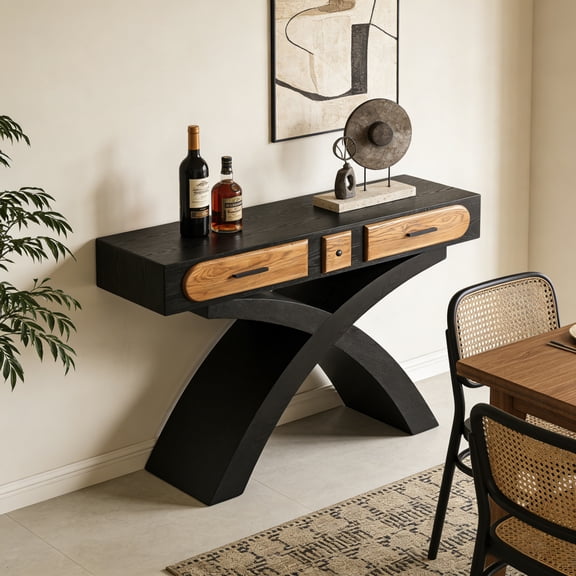Ashwood Veneered Console Table with Cross Leg Black Table Brown Drawers