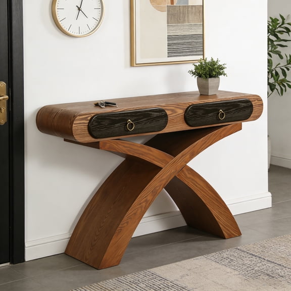 Ashwood veneered console table with cross leg, Two Handle Drawers, Console Table ,Easy Assembly, for Entrance & Dinning Room & Living Room & Hallway