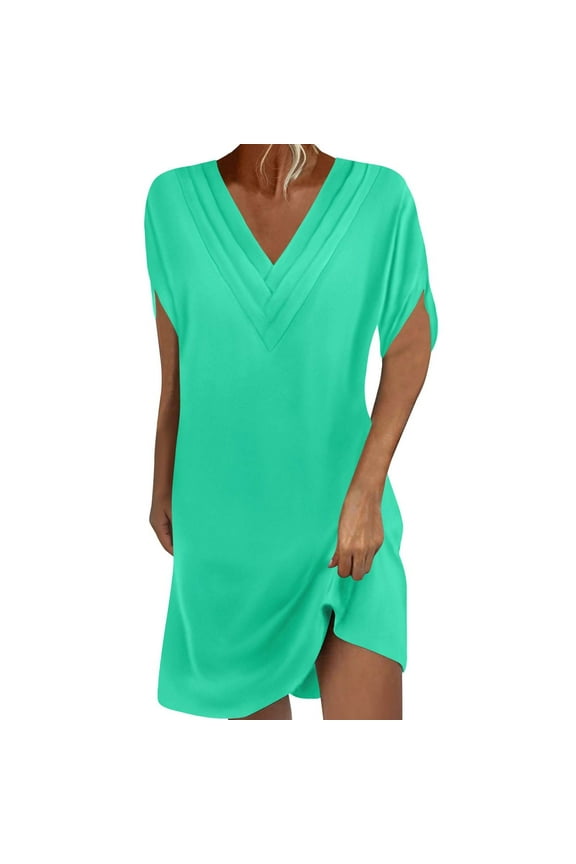 Casual Summer Dresses for Women Solid Color Short Sleeve Pleated V-Neck Shift Dress Soft Comfortable Clothes, Size S-3XL