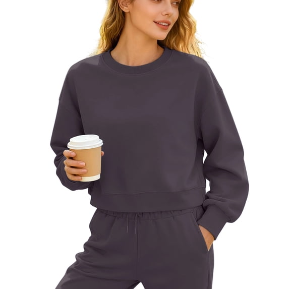 Ashyfjp Cropped Tops for Women Casual Solid Color Crew Neck Long Sleeve Pullover Sweatshirt Soft Comfortable Everyday Wear, Size (S-3XL)