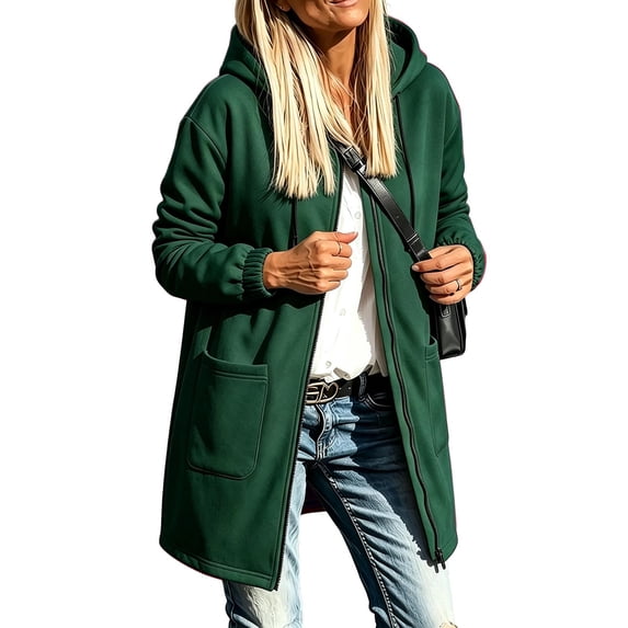 Ashyfjp Drawstring Hood Full Zip Long Hooded Outer Jackets for Women Casual Solid Tone Elastic Cuffs Side Patch Pockets Comfortable Outdoor Streetwear Layering Tops, Size (S-XXL)