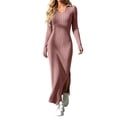 thumbnail image 1 of Ashyfjp Dresses for Women Casual Solid Color Vertical Ribbed Collared Long Sleeve Midi Dress with Side Split Hem, Stretchy Fitted Casual Wear, Size (S-XXL), 1 of 6