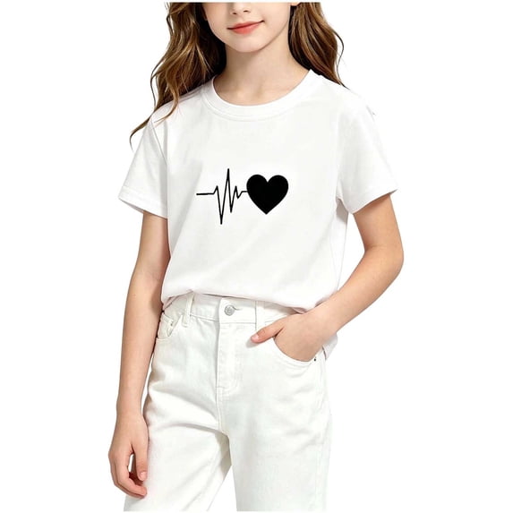 Ashyfjp Girls Basic Tops Trendy Short Sleeve Crew Neck Tee with Clean Front Chest Print Comfortable Breathable Summer Outfit