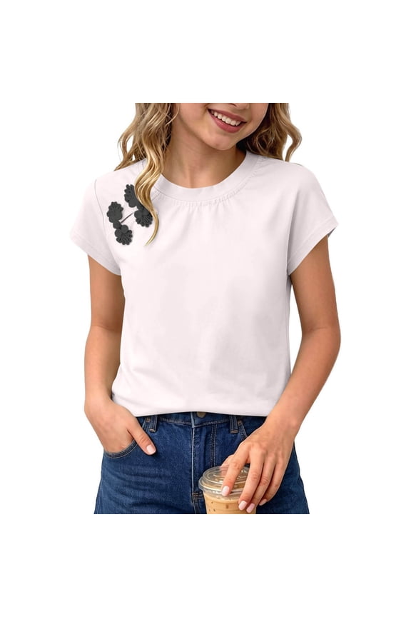 Girls Everyday Tees Casual Solid Color Short Sleeve Round Neck Tee with Sweet Flower Shoulder Accent Comfortable Versatile Spring Summer Tops