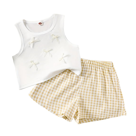 Ashyfjp Girls Summer Matching Set Sleeveless Bow Detail Top & Checkered Shorts Casual Outfit for Daily Wear