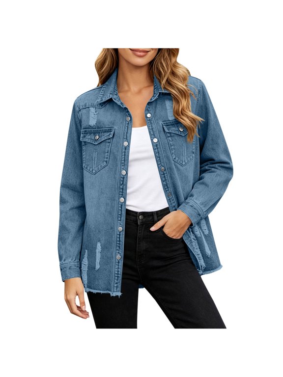 Lapel Collar Button Down Denim Shacket Outerwear for Women Casual Destroyed Ripped Design Chest Snap Button Pockets Comfortable Outdoor Retro Streetwear Jackets, Size (S-XXL)