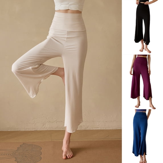 Ashyfjp Minimalist Style Yoga Pants for Women Solid Tone Flowy Knit High Waist Cropped Flared Versatile Daily Wear Bottoms, Size (S-XL)