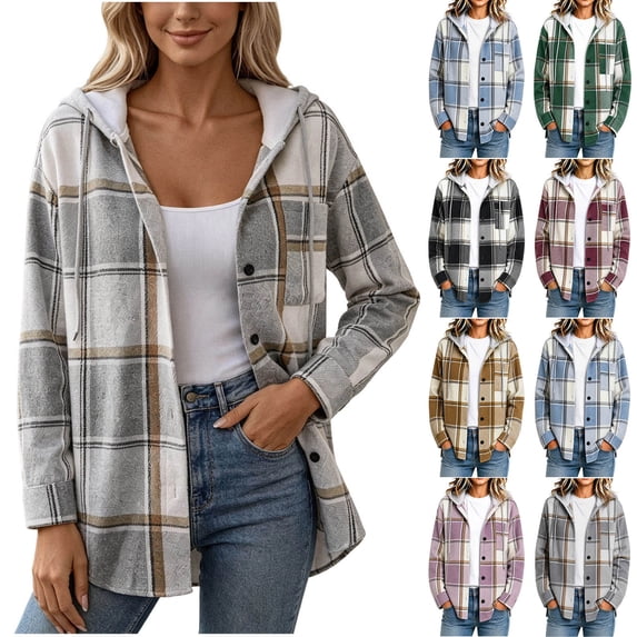 Ashyfjp Plaid Hooded Jacket for Women Trendy Button Front Longline Shirt Coat Comfortable Versatile Casual Wear, Size (S-XXL)