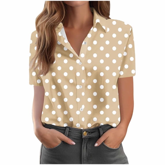 Ashyfjp Shirts for Women Casual Regular Fit Polka Dot Print Short Sleeve V-Neck Button Down Lightweight Womens Tops for Daily Summer Wear, Size S-XXL