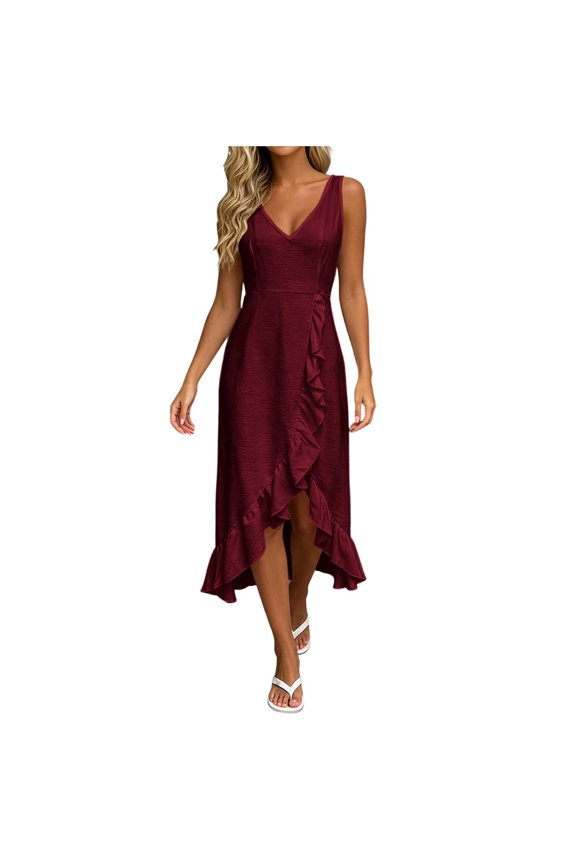 Sleeveless Midi Dress for Women Solid Color V Neck Surplice Wrap High Low Ruffle Dress, Simple Summer Vacation Outfit, Size (S-XXL)