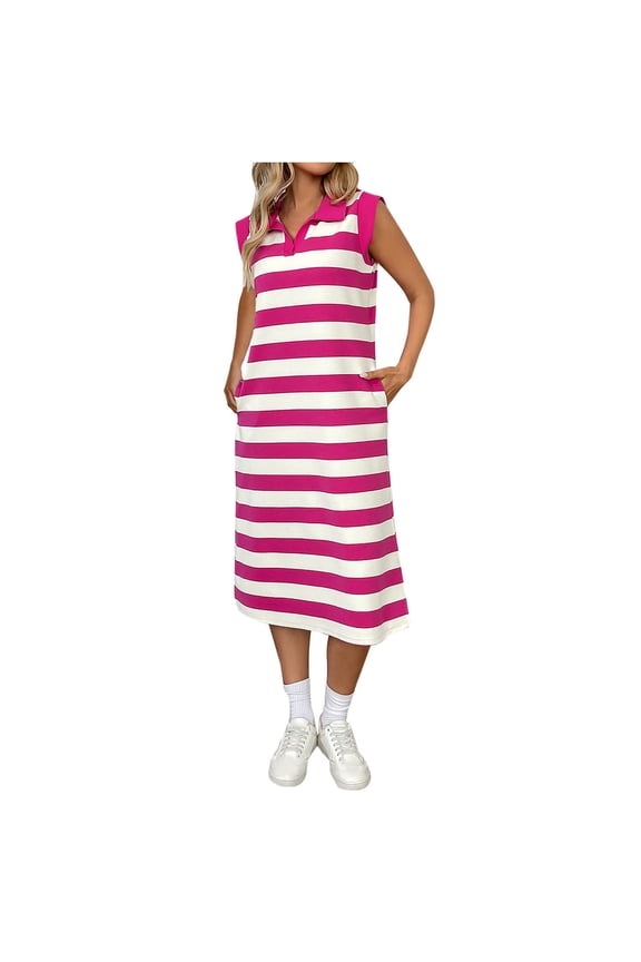 Summer Dresses for Women Casual Striped Print Sleeveless Collared Shift Dress with Pockets Trendy Comfortable for Daily Wear, Size S-XL