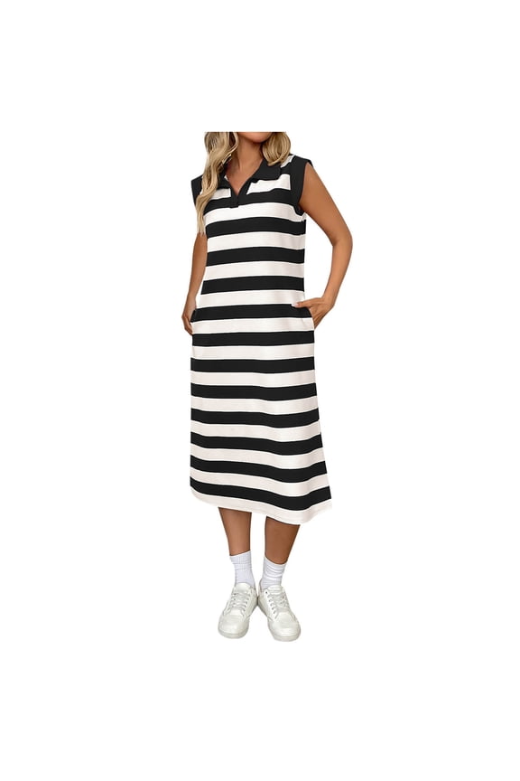 Summer Dresses for Women Casual Striped Print Sleeveless Collared Shift Dress with Pockets Trendy Comfortable for Daily Wear, Size S-XL