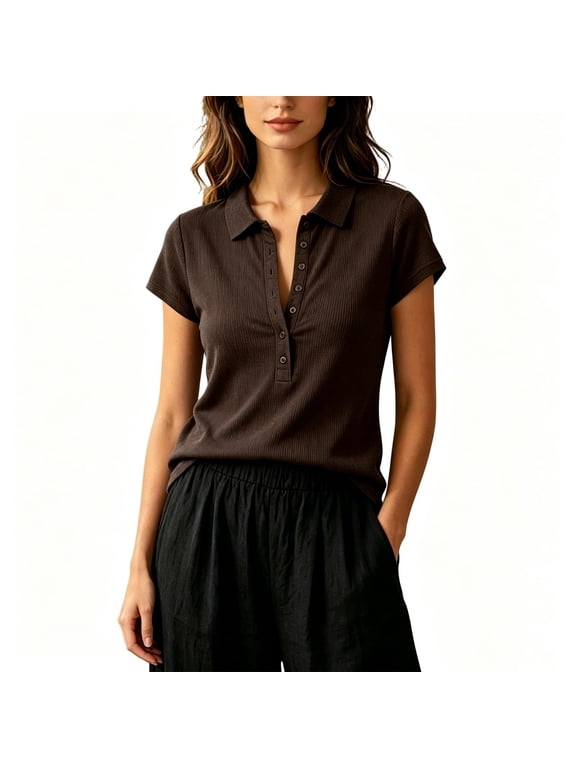 Tops for Women Everyday Basic Collared Short Sleeve Half Placket Button Vertical Rib Stretchy Knit Summer Shirts, Size S-XL