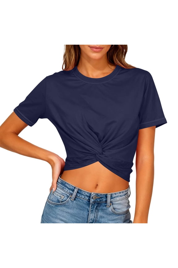Tops for Women Trendy Solid Color Short Sleeve Crew Neck Twisted T-shirt Comfortable Versatile Summer Tops, Size S-3XL