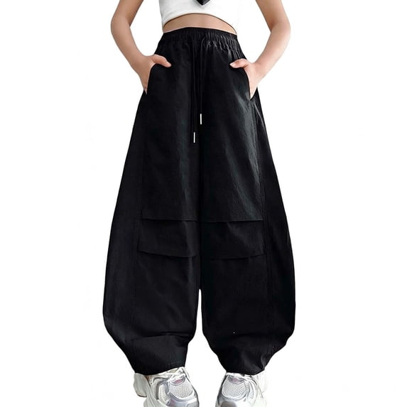 Ashyfjp Trendy Cargo Jogger Pants for Girls Solid Color Loose Pants Elastic Drawstring Waist Loose Cut for Everyday Kids Outfits
