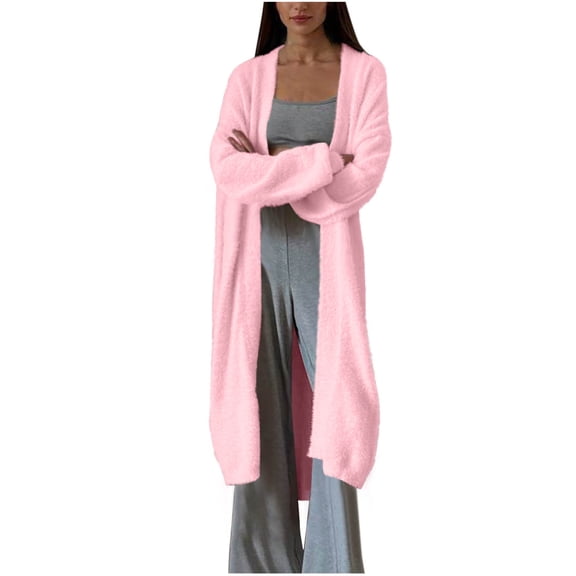 Ashyfjp Trendy Open Front Fuzzy Knit Dusters for Women Solid Soft Texture Long Sleeve Regular Fit Long Length Outer Top, Size (S-L)