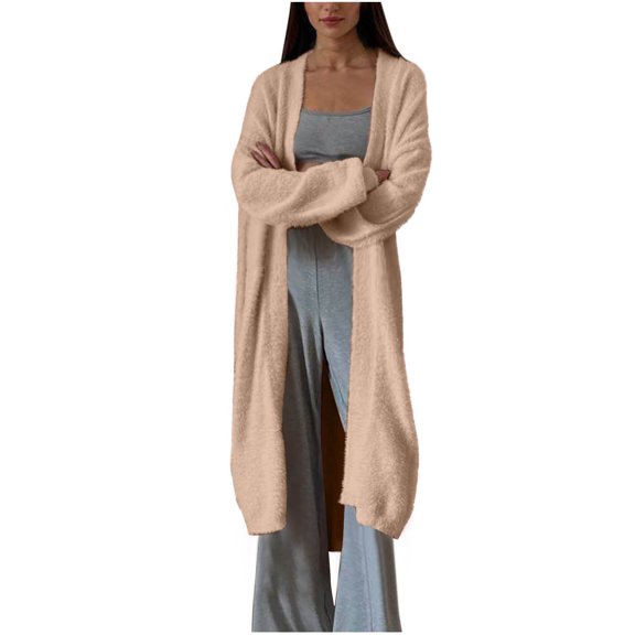 Ashyfjp Trendy Open Front Fuzzy Knit Dusters for Women Solid Soft Texture Long Sleeve Regular Fit Long Length Outer Top, Size (S-L)