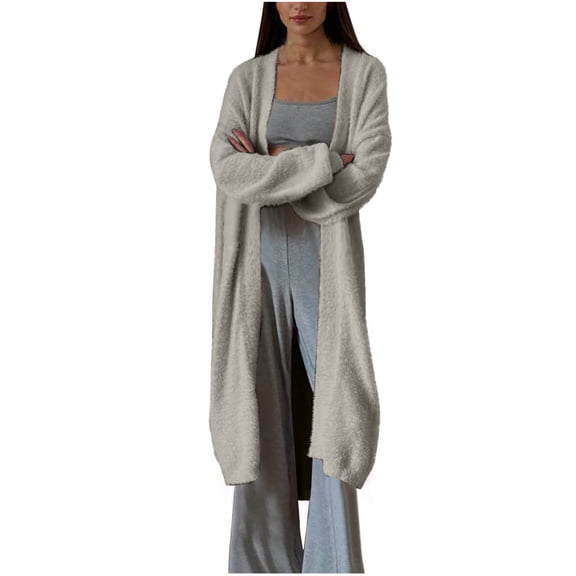 Ashyfjp Trendy Open Front Fuzzy Knit Dusters for Women Solid Soft Texture Long Sleeve Regular Fit Long Length Outer Top, Size (S-L)