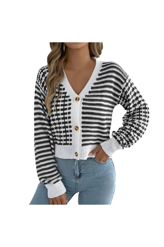 Womens Cardigans Casual Mixed Stripe Knit Long Sleeve V Neck Button Front Ribbed Cuff Hem Cropped Cover Up Comfortable Versatile Spring Fall Daily Tops, Size (S-XL)