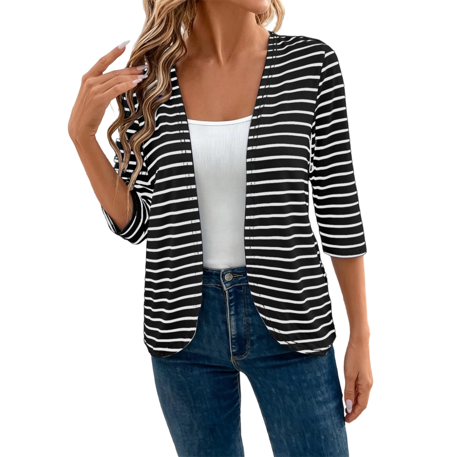 Open Wear Ashyfjp Womens Cardigans Open Front V Neck 3/4 Sleeve Striped Pattern ...