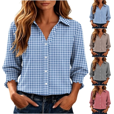 Ashyfjp Womens Casual Blouses Gingham Print Collared 3/4 Sleeve Button Up Top with Smocked Cuffs and Ruffled Trim Detail Relaxed Fit, Size (S-XXL)