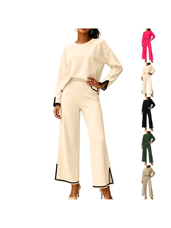 Womens Casual Two Piece Matching Outfit Soft Knit Contrast Trim Sleeve Top & Structured Straight-Leg Split Hem Pants Daily Street Outfits, Size (S-XL)