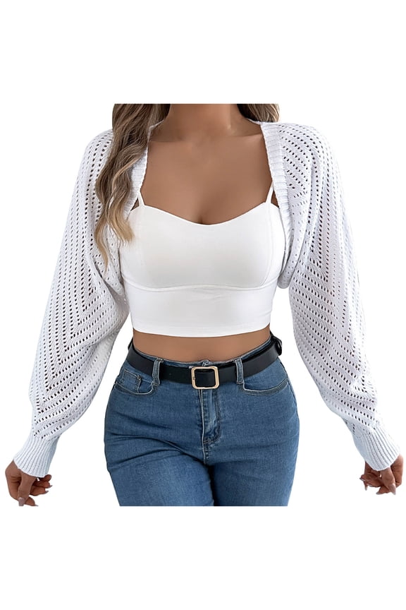 Womens Daily Wear Knit Tops Airy Geometric Eyelet Openwork Knit Long Sleeve Open Front Cropped Cardigan Comfortable Air Conditioned Outer Layer, Size (S-XL)