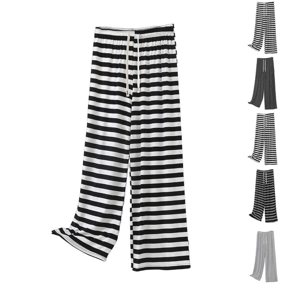 Ashyfjp Womens Drawstring Elastic Waist Striped Pants Horizontal Print Wide Leg Full Length Trousers Versatile Bottoms Ideal for Daily Errands and Relaxed Outings, Size (S-5XL)