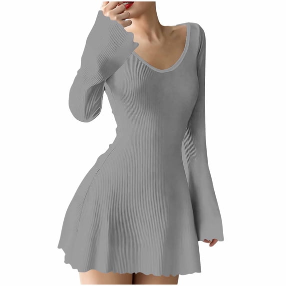 Ashyfjp Womens Dresses Casual Solid Color Ribbed V-Neck Flare Long Sleeve Mini Dress with Scalloped Hem, Trendy Slim Fit Daily Outfit, Size (S-XXL)