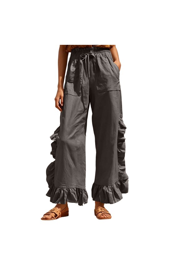 Womens Fashion Pants Side Ruched Ruffle Trim Drawstring Elastic Waist Patch Pockets Moderate Fit Trousers Casual Chic Bottoms for Daily Wear, Size (S-XXL)