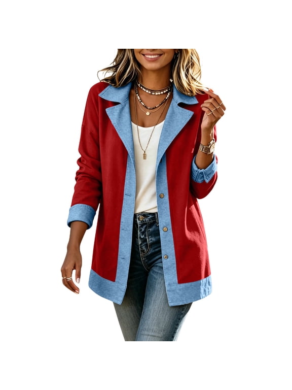 Womens Long Sleeve Outerwear Casual Contrast Edge Lapel Collar Button Front Relaxed Mid Length Casual Blazer Coat, Size (S-XXL)
