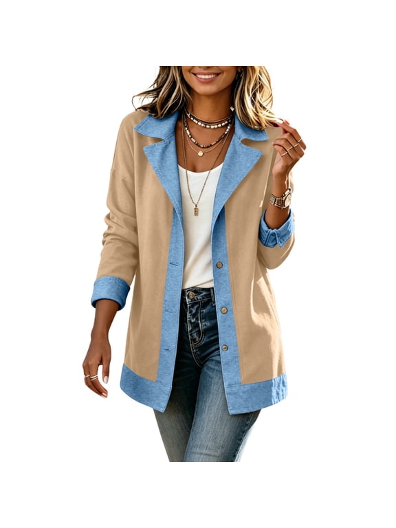 Womens Long Sleeve Outerwear Casual Contrast Edge Lapel Collar Button Front Relaxed Mid Length Casual Blazer Coat, Size (S-XXL)