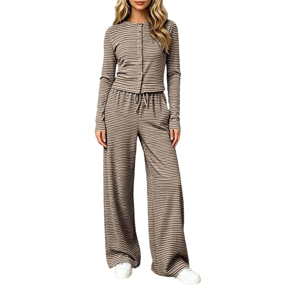 Ashyfjp Womens Loungewear Matching Sets Horizontal Striped Round Neck Button Front Top & Drawstring Straight-Leg Pants Casual Weekend Outfits, Size (S-XL)