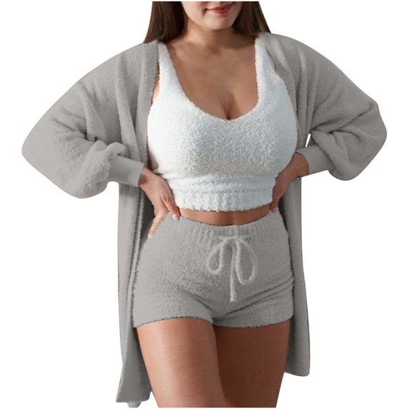 Ashyfjp Womens Matching Three Piece Sets Long Sleeve Open Outer Cardigan + Sleeveless Crop Tank & Elastic Waist Side Pocket Drawstring Shorts Everyday Outfit, Size (S-3XL)