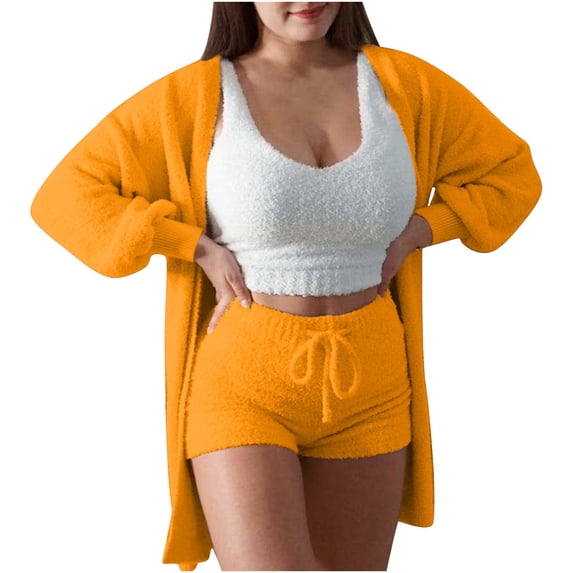 Ashyfjp Womens Matching Three Piece Sets Long Sleeve Open Outer Cardigan + Sleeveless Crop Tank & Elastic Waist Side Pocket Drawstring Shorts Everyday Outfit, Size (S-3XL)