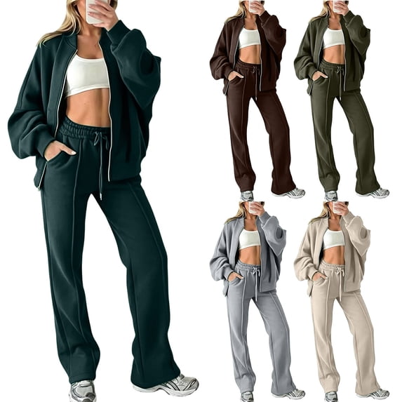 Ashyfjp Womens Matching Two-Piece Sets Oversized Zip Up Stand Collar Sweatshirt Jacket & Elastic Waist Straight-Leg Pocket Pants Casual Everyday Outfit, Size (S-5XL)