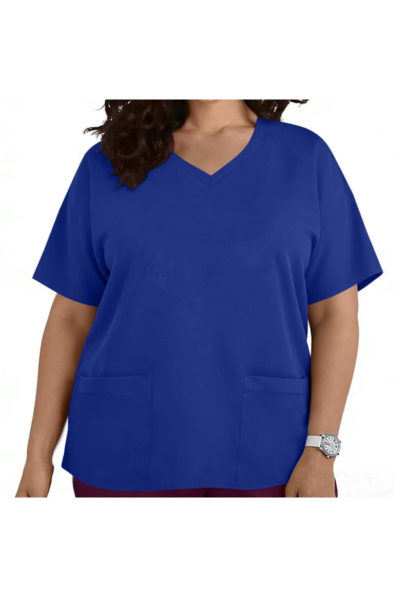 Womens Scrub Tops Fashion Solid Color Plus Size Short Sleeve V-Neck Top with Pockets Comfortable Breathable Workwear, Size L-5XL