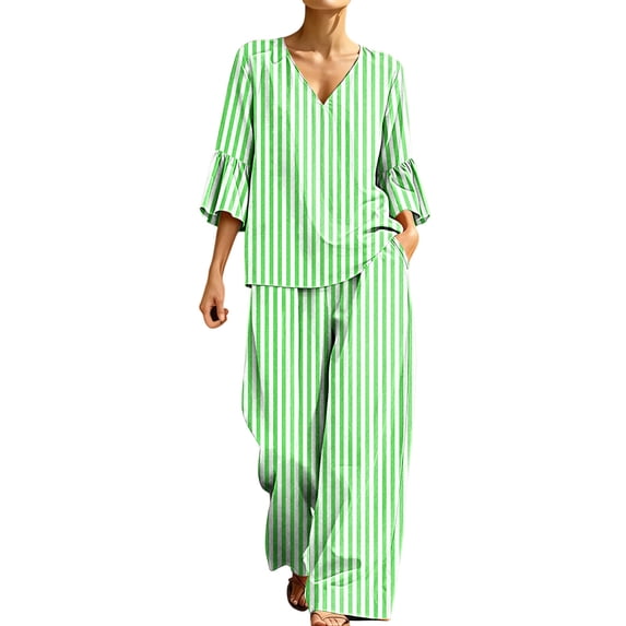 Ashyfjp Womens Trendy Two-Piece Outfits V Neck Ruffle Cuff Striped Top & High Waist Wide Leg Pants Social Occasion Outfits, Size (S-XXL)