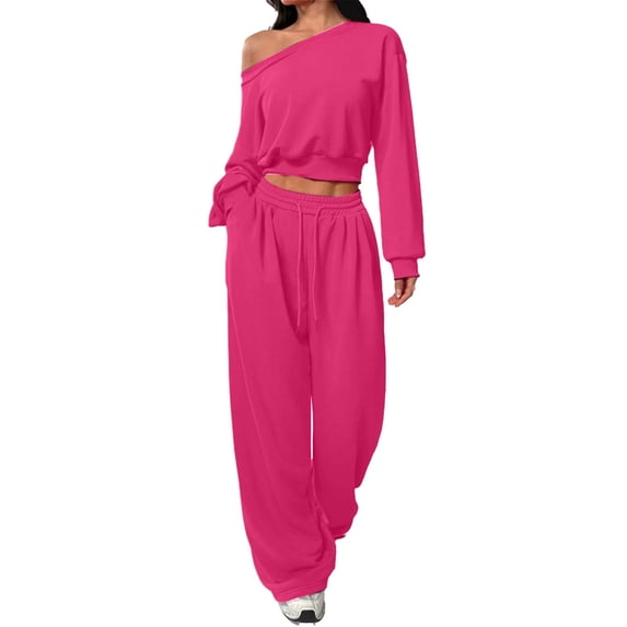 Ashyfjp Womens Two-Piece Outfit Set Solid Color Off Shoulder Long Sleeve Cropped Sweatshirt & Drawstring High Waist Straight-Leg Jogger Pants Casual Loungewear Outfits, Size (S-XXL)