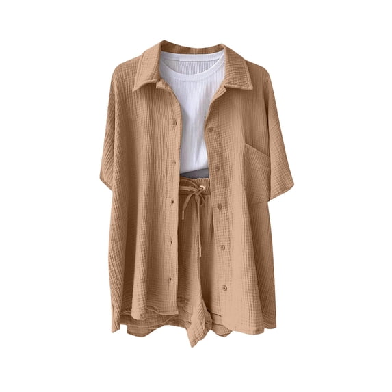 Ashyfjp Womens Two-Piece Sets Short Sleeve Textured Shirt & Elastic Waist Shorts Outfit Set Trendy Comfortable Matching Sets for Women, Size S-XXL