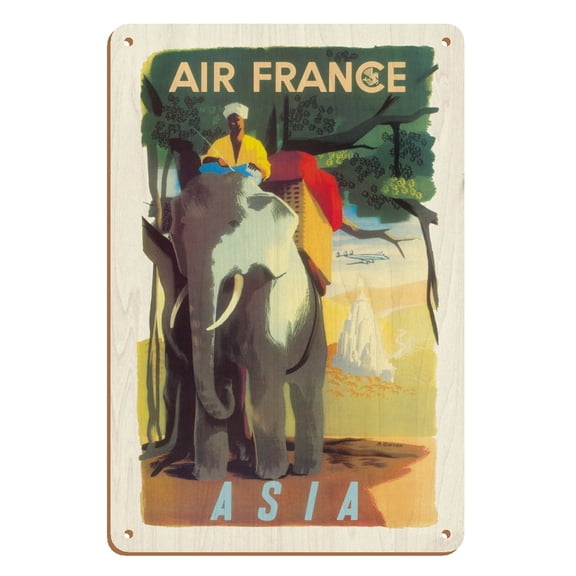 Asia - Asian Elephant with Mahout Rider - France - Vintage Airline Travel Poster by André Golven c.1950 - 8 x 12 inch Vintage Wood Art Sign