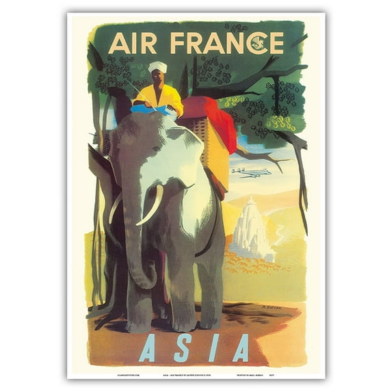 Asia - Asian Elephant with Mahout Rider - France - Vintage Airline Travel Poster by André Golven c.1950 - Master Art Print 10in x 14in