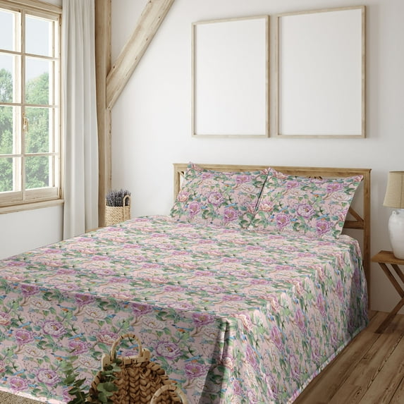 Ambesonne Asia Fitted & Flat Sheet with Shams 4 Pcs Set, Chinese Flowers Watercolor Art, Queen, Pale Pink Pistachio Green