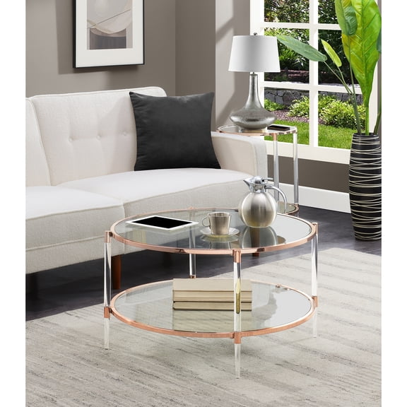 Asian 2-Tier Acrylic Glass Coffee Table, Gold Chrome Frame with Clear Tempered Glass Shelves, Elegant Acrylic Legs, Chic & Contemporary Accent Piece, Sturdy & Durable