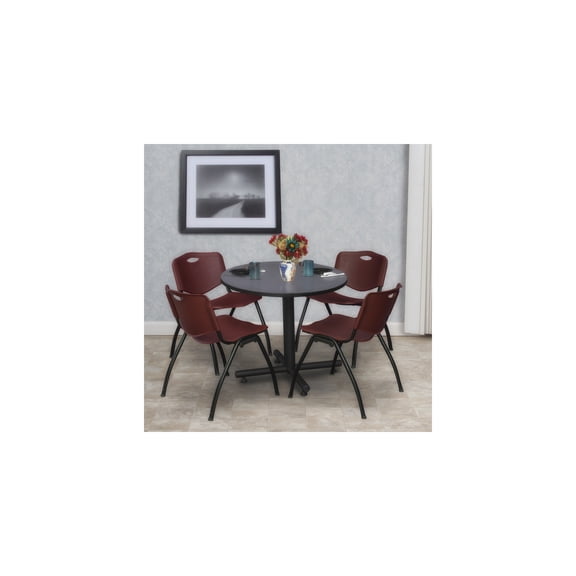 Asian Allure Round Breakroom Table in Grey Finish with 4 Burgundy 'M' Stack Chairs Combining Stylish Design and Comfortable Seating for Workspaces
